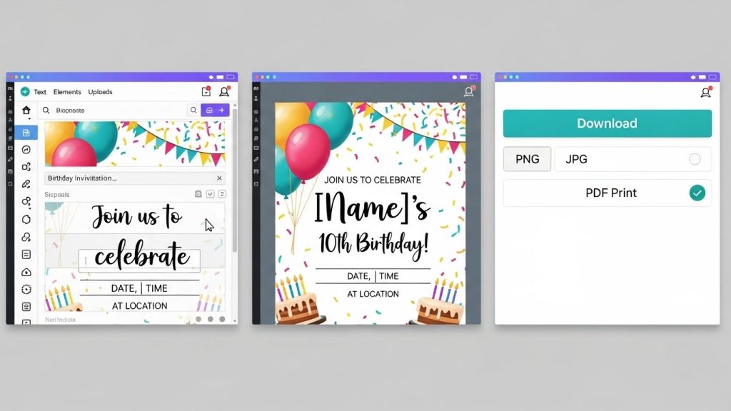 Step-by-step screenshot-style collage showing Canva edit screen with birthday details being typed, final invitation preview, and download button – simple and satisfying