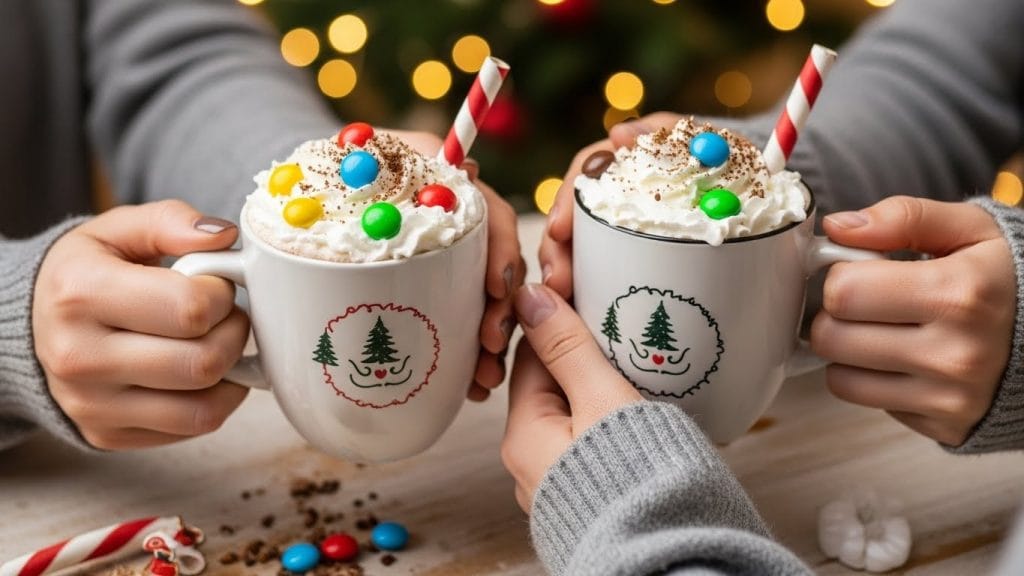 Festive mugs of hot chocolate shared during family holiday gathering.