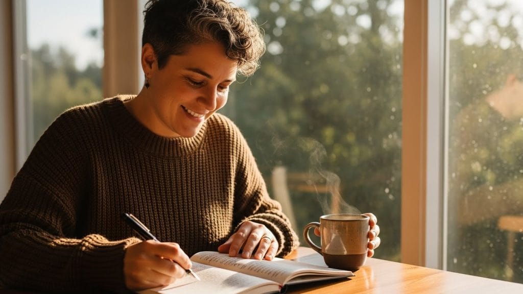 A person journaling or smiling quietly with coffee and sunlight through a window.