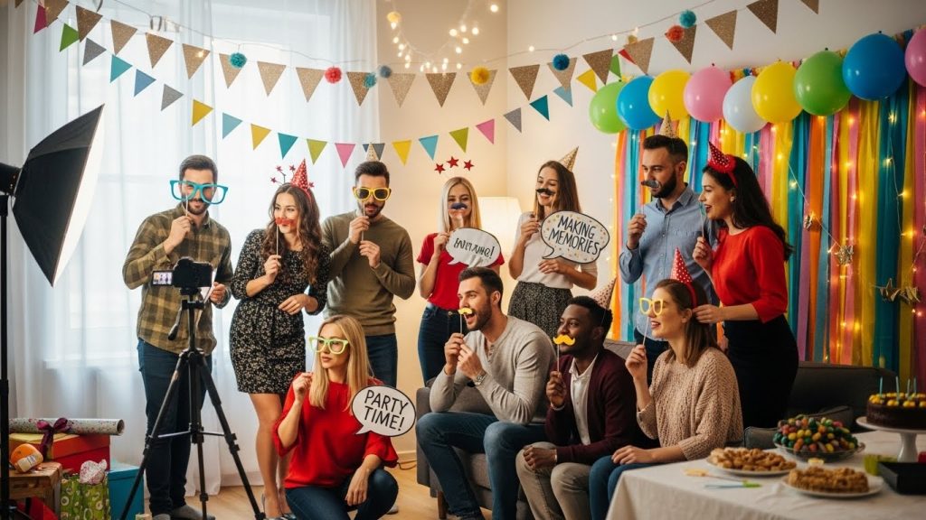 “Family enjoying DIY party props at home photo booth.”