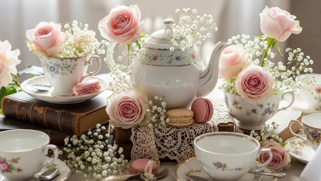 Elegant tea party table centerpiece with lace, vintage teacups, pink roses, antique books, ceramic teapot, and soft natural lighting.