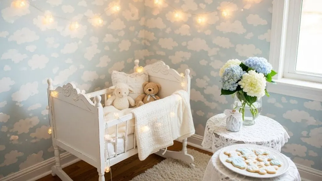 Baby Shower Celebration Wallpapers for Cute Themes: A Fresh Guide for Modern Parents 4 Cozy home baby shower corner with soft cloud wallpaper and fairy lights.