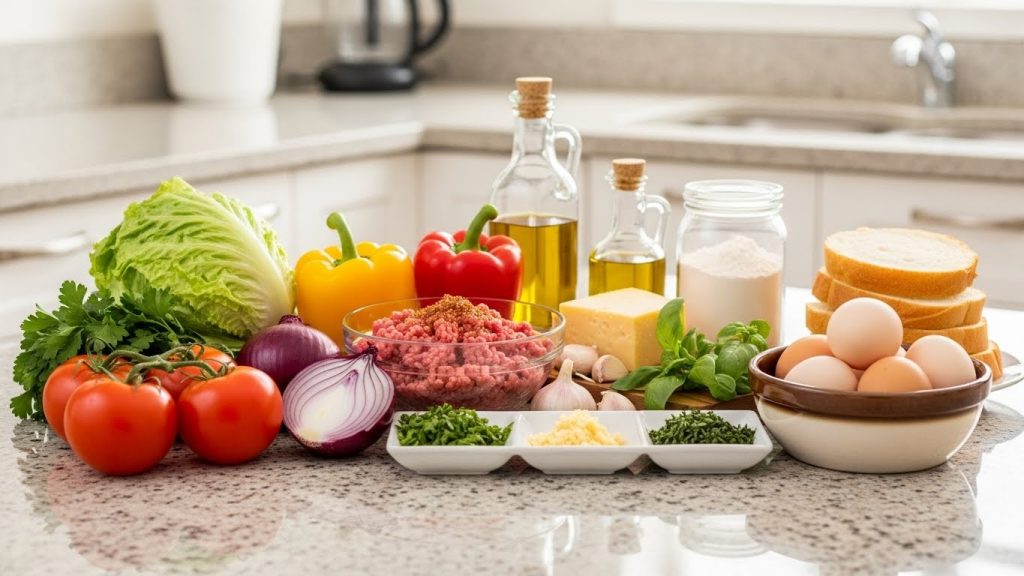 Ingredients laid out neatly on a kitchen counter before assembly.