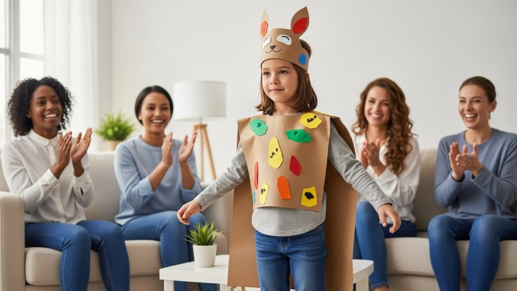 Confident child wearing handmade costume proudly