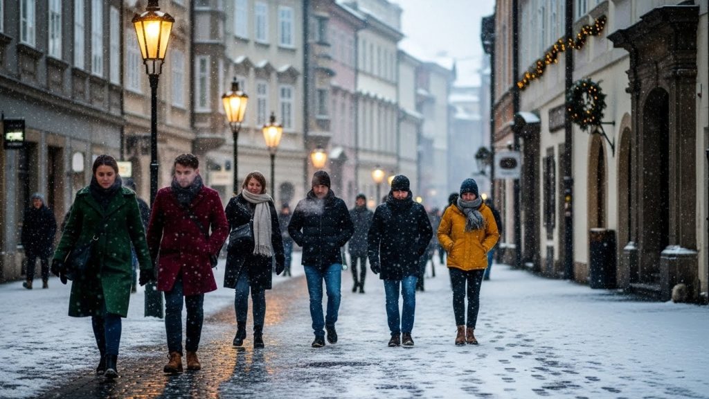 European winter street style showing layered coats and neutral outfits during cold weather