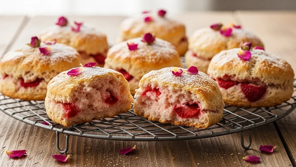 15 Easy Tea Party Recipes Perfect for Bridal Showers 6 Fresh strawberry-rose scones on a cooling rack, one opened to reveal a fluffy pink interior, topped with edible rose petals