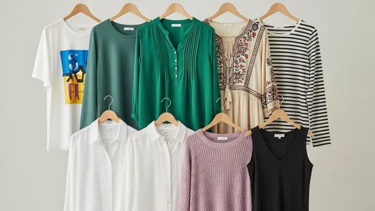 Collection of stylish tops for women, featuring casual tees, elegant blouses, and versatile wardrobe essentials