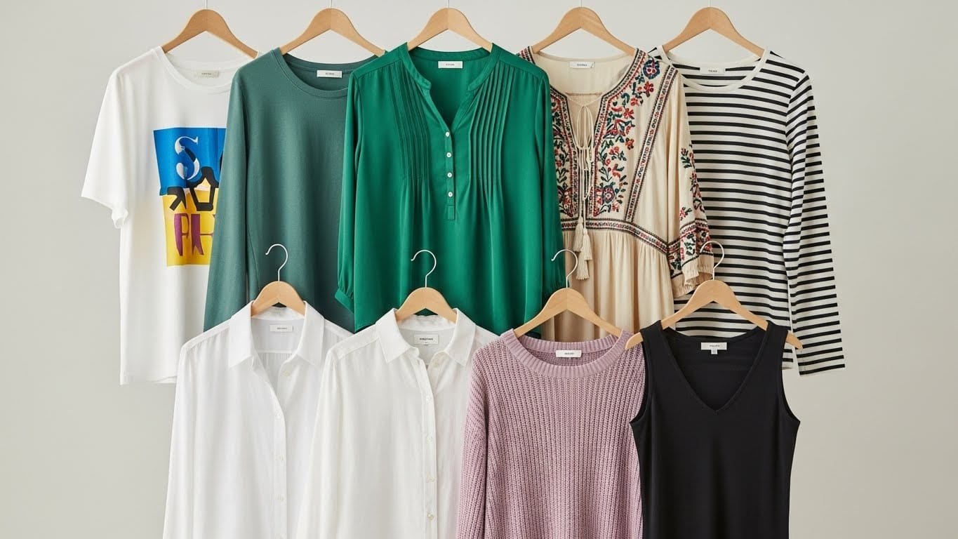 Collection of stylish tops for women, featuring casual tees, elegant blouses, and versatile wardrobe essentials