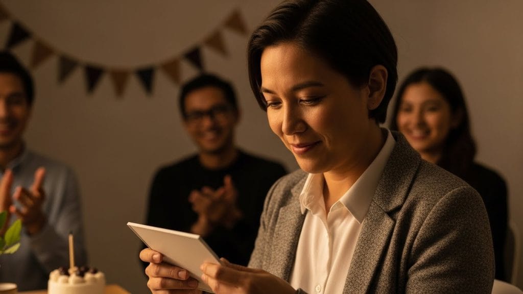  A person smiling quietly after receiving recognition during a simple celebration.