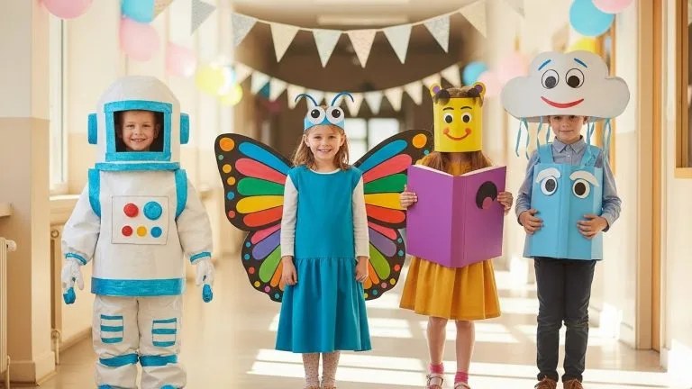 Kids wearing simple and creative homemade costume ideas for school celebrations and parties