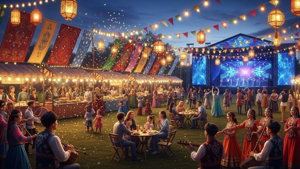 A cultural festival scene with lights, colors, and people celebrating together.