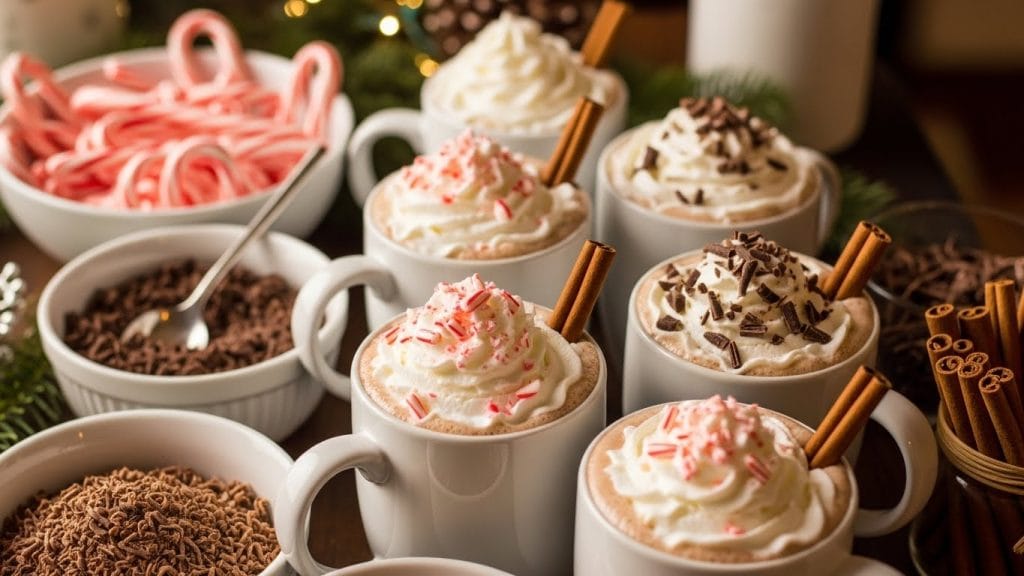 Holiday hot chocolate bar with festive garnishes and winter decor.
