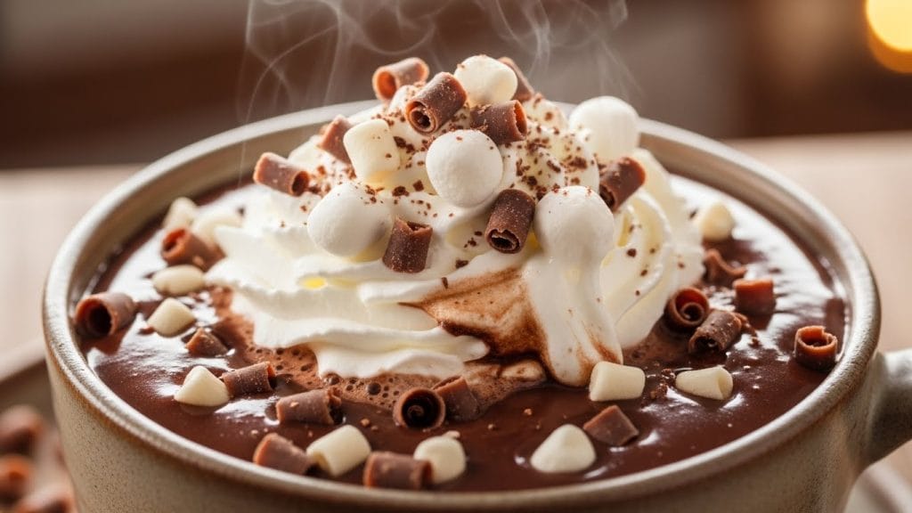 Classic creamy hot chocolate with marshmallows and chocolate shavings.