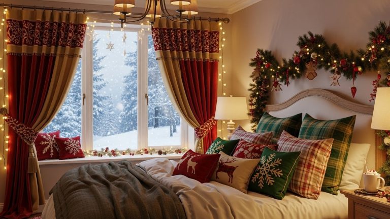 Cozy bedroom decorated for Christmas with Christmas bedroom window curtains, fairy lights, pine garlands, and festive bedding.