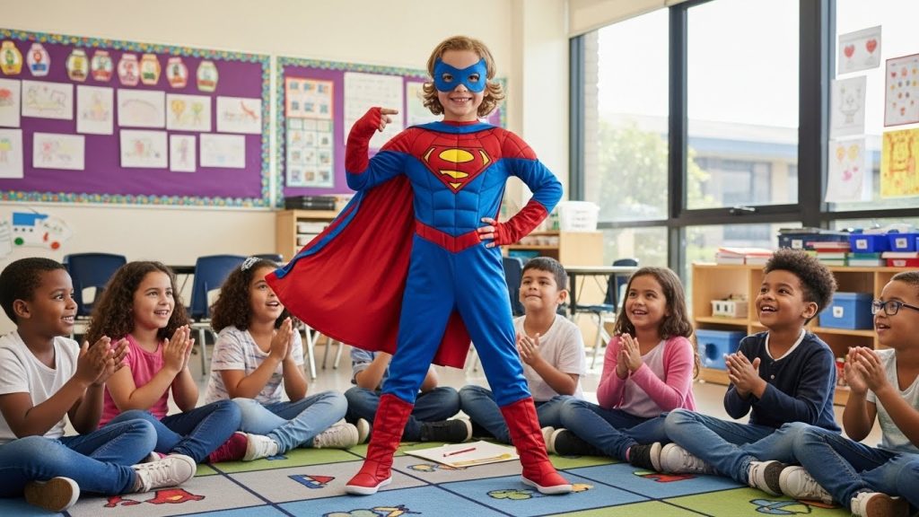 Confident child wearing school costume proudly