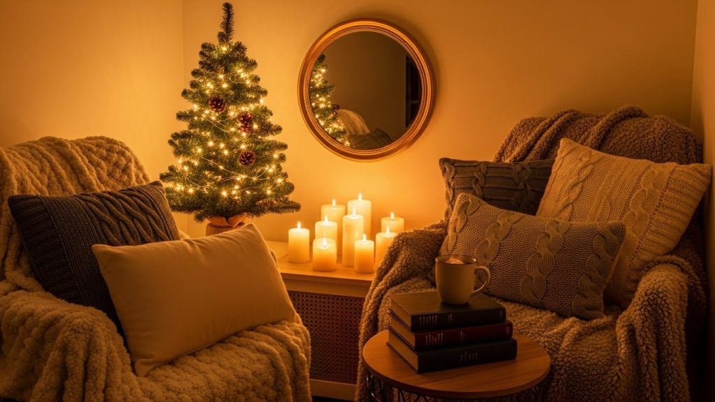: Cozy corner with a mini tree, candle cluster, mirror, and soft winter decor.