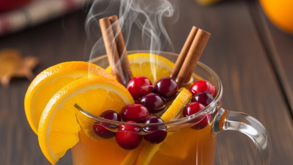 Festive apple cider drink with winter spices and citrus slices.