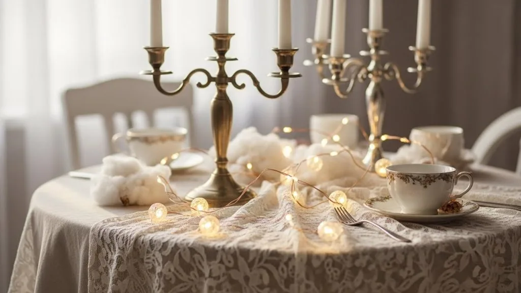 Softly lit tea party setup with fairy lights, vintage candle holders, lace details, pastel tones, and natural sunlight creating a dreamy, elegant atmosphere.