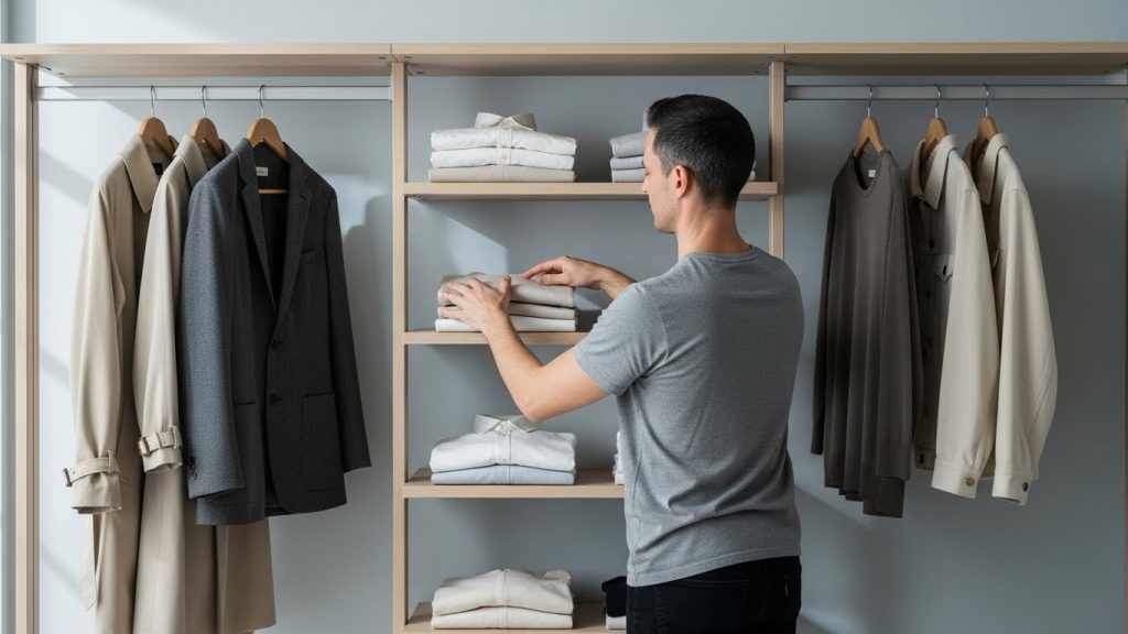 Classic men’s wardrobe essentials with neutral colors and clean tailoring