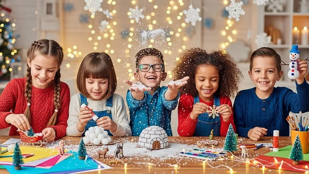 Photo booth setup with snowflake props and a snowy backdrop.