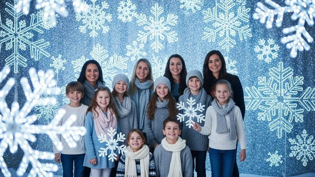  Close-up of printed photos and thank-you cards with icy blue motifs.
