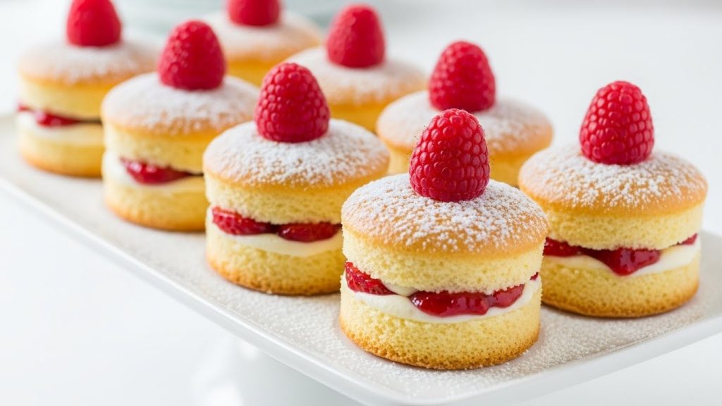 Neat row of mini Victoria sponge cakes on a white cake stand, each topped with a fresh raspberry and powdered-sugar snow