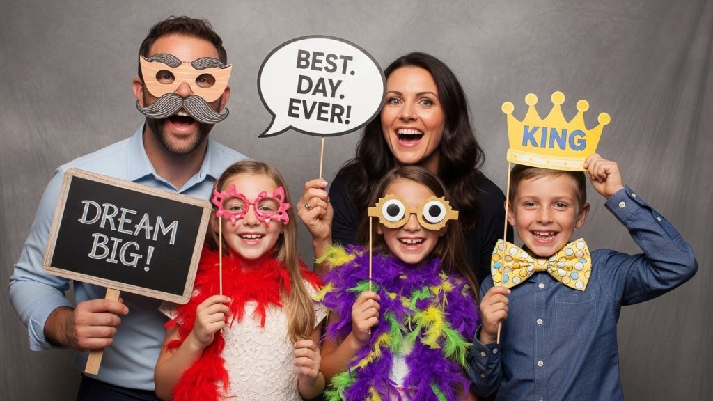 “Guests posing with interactive DIY party props.”