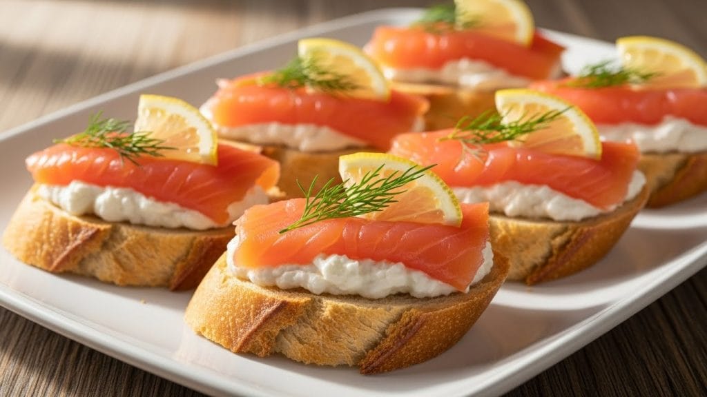 Smoked salmon crostini served as luxury seafood appetizers