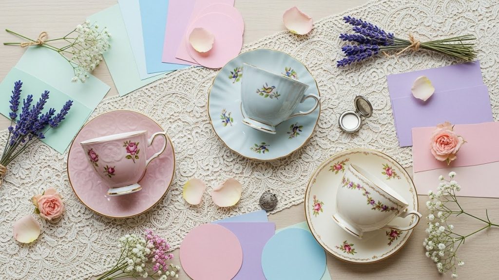 Flat lay of pastel color swatches, vintage teacups, lace table runner, and soft floral decorations arranged for a charming tea party table setting.