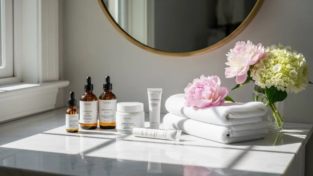 Celebration Glow Guide. Beauty Tips That Make You Glow All Day 1 Celebration morning skincare routine with gentle cleanser, moisturizer, and natural light for glowing skin