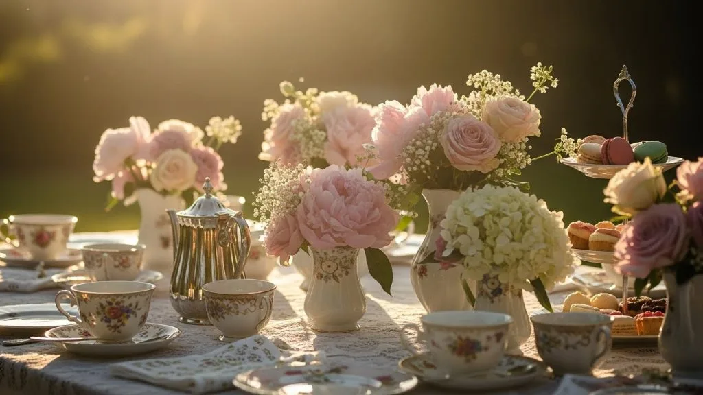 “A warm closing scene of a tea party table with soft sunlight, pastel flowers, vintage teacups, and a peaceful atmosphere.”