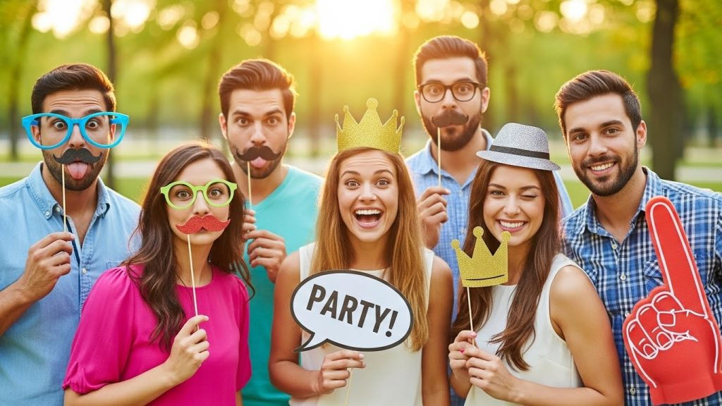 “Friends using DIY party props for fun photo booth poses.”