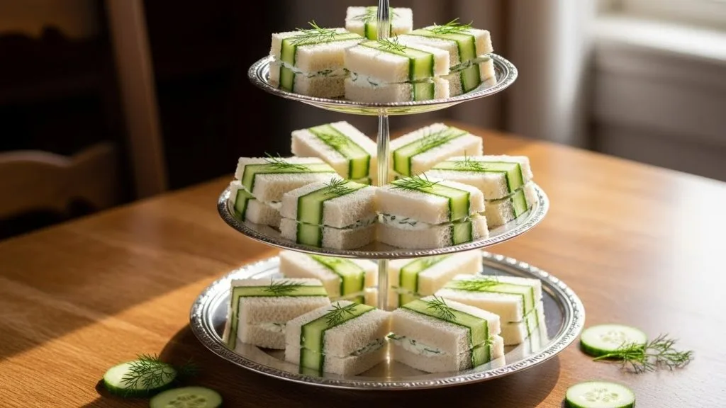 15 Easy Tea Party Recipes Perfect for Bridal Showers 4 Delicate cucumber tea sandwiches stacked on a vintage three-tier stand, crisp green edges, fresh dill garnish, soft natural light