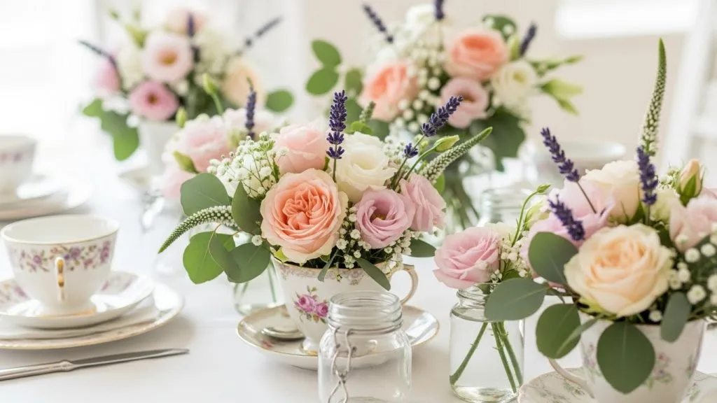 Pastel flowers in vintage teacups and glass jars on a tea party table, featuring roses, lavender, and eucalyptus in soft natural light for a bright, elegant look.