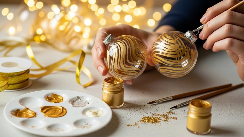 Hands painting clear ornaments with gold strokes, surrounded by craft supplies and twinkle lights.