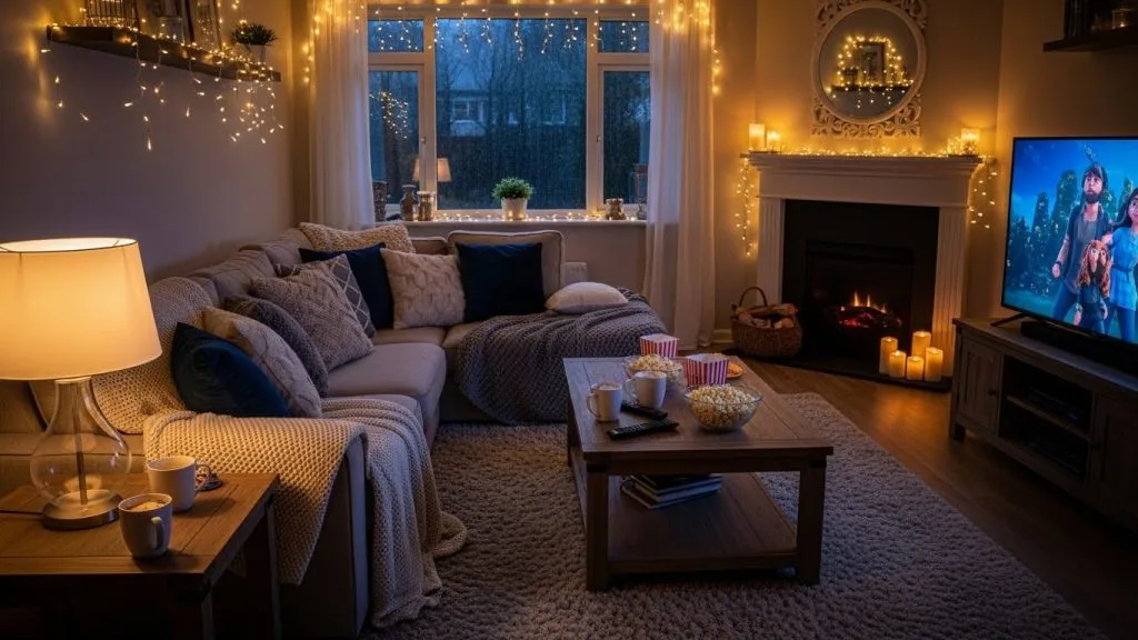 “Cozy living room lighting for indoor movie night.”