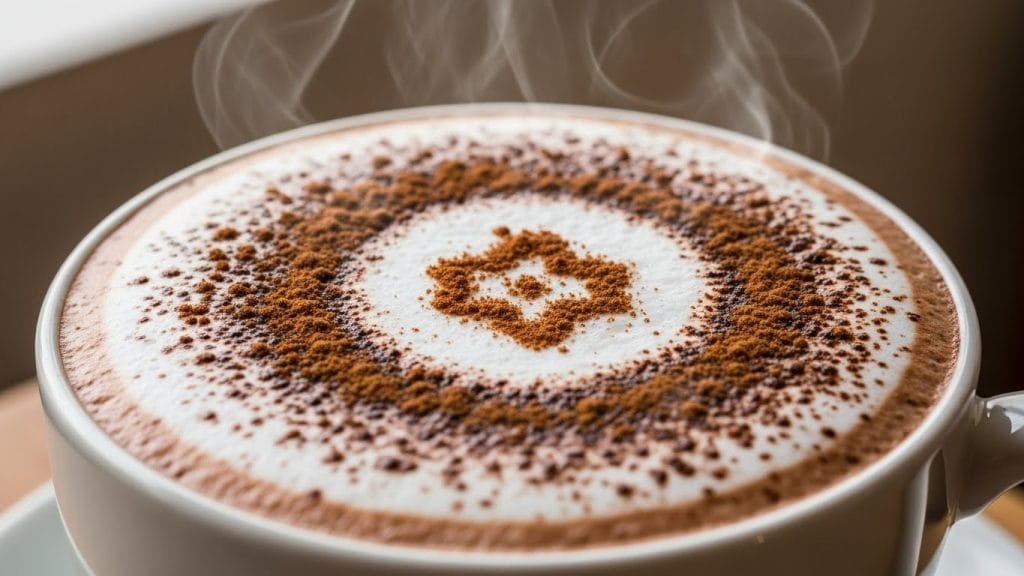 Mocha hot chocolate served in a festive mug with cinnamon topping.