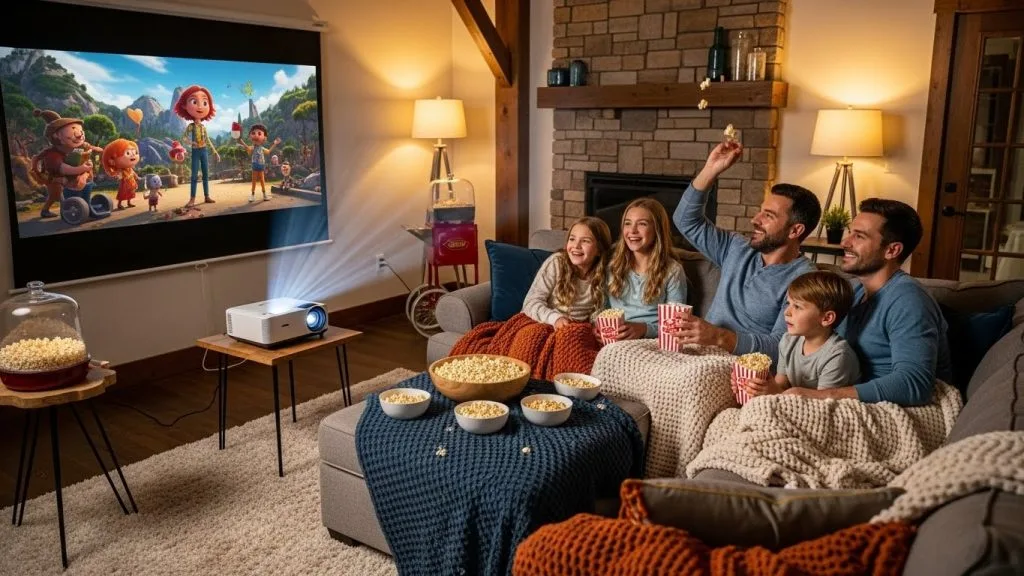  “Family enjoying a cozy indoor movie night with blankets and popcorn.”
