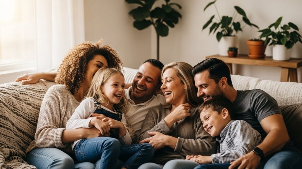 A warm family gathering with soft lighting, natural smiles, and minimal décor that feels authentic and emotional.