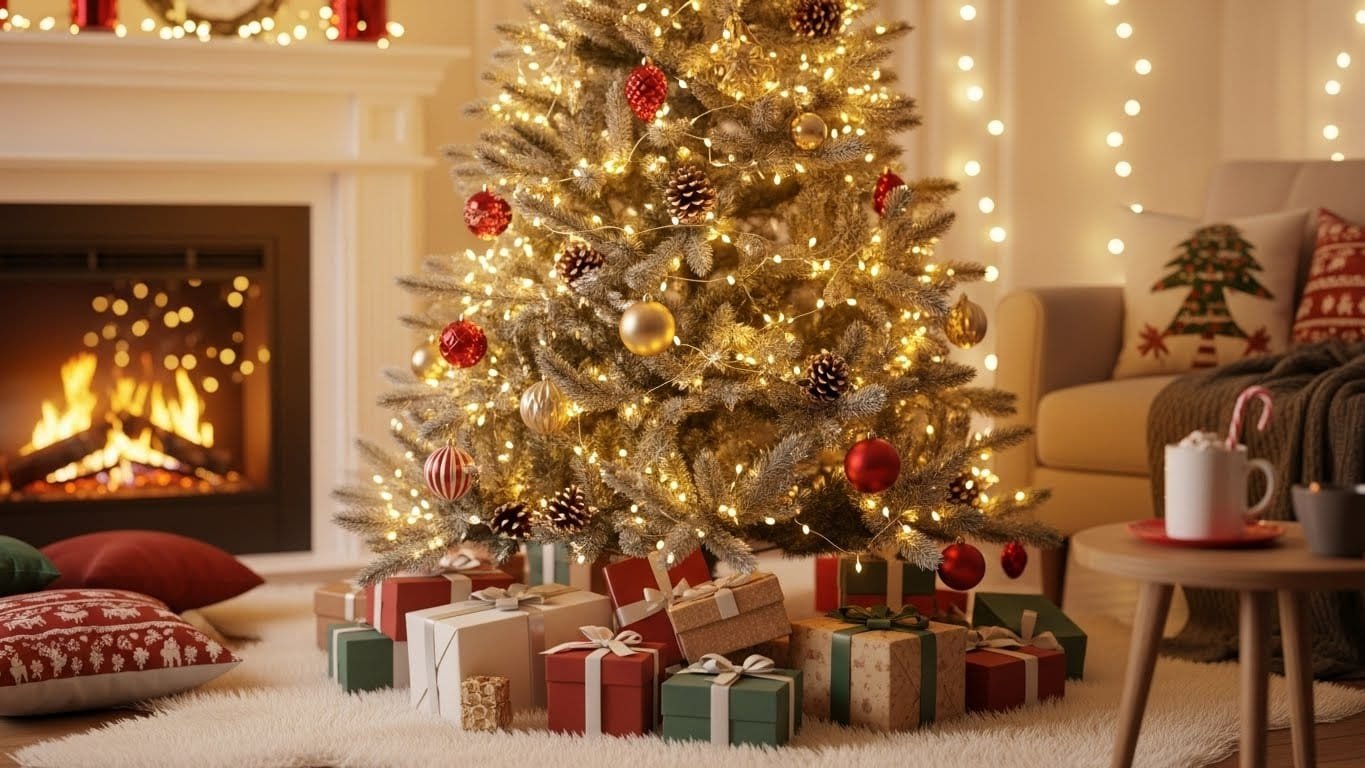 Warm and aesthetic Christmas wallpaper scene with glowing fairy lights, decorated tree, cozy holiday décor, and soft winter colors creating a festive digital background.