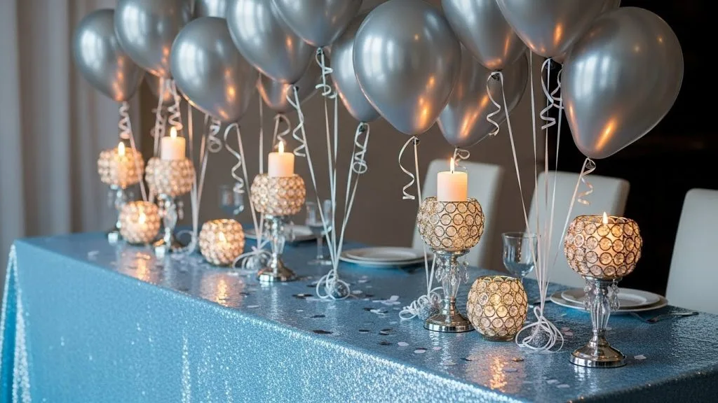 Sparkling birthday table with icy blue tablecloth, silver balloons, and crystal candleholders.