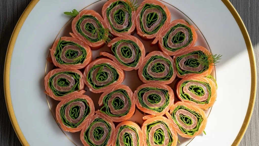 15 Easy Tea Party Recipes Perfect for Bridal Showers 5 Colorful smoked salmon pinwheels arranged on a gold-rimmed plate, bright pink salmon with green arugula, elegant and appetizing