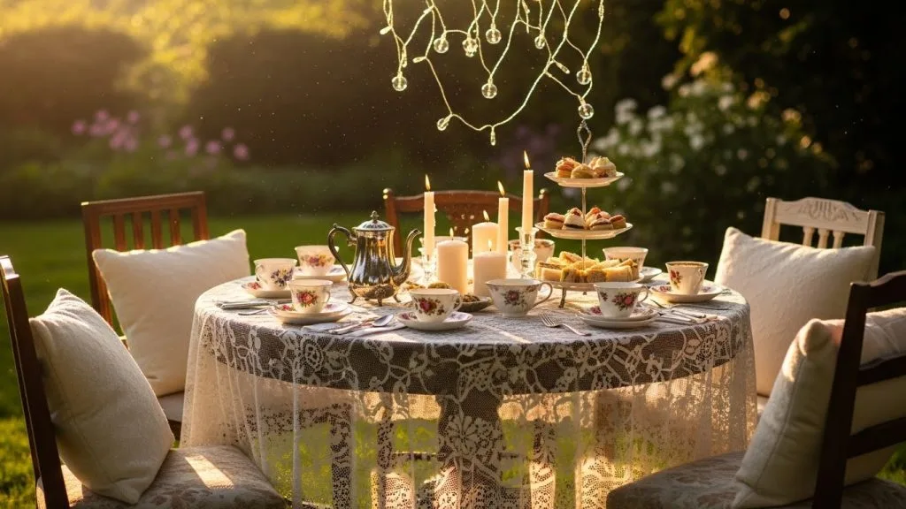 Elegant DIY Tea Party Table Settings and Decorations You Can Make Easily 5 "Cozy tea party table with warm candles, twinkling fairy lights, lace overlays, soft cushions, and natural afternoon sunlight creating a relaxing and inviting atmosphere."