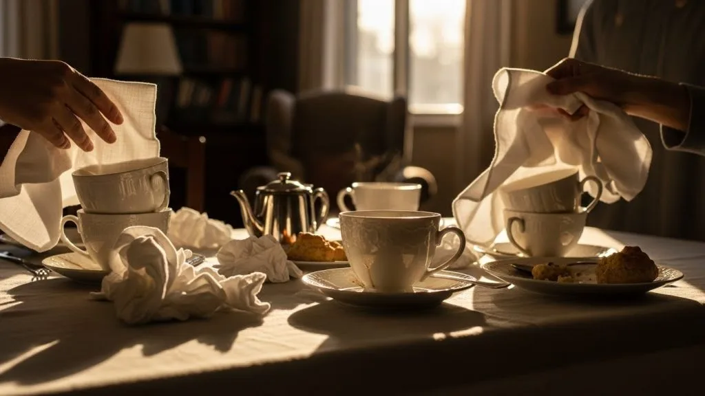 Calm post-tea-party cleanup with porcelain cups being dried with a soft cloth, warm lighting, and neatly arranged table linens.