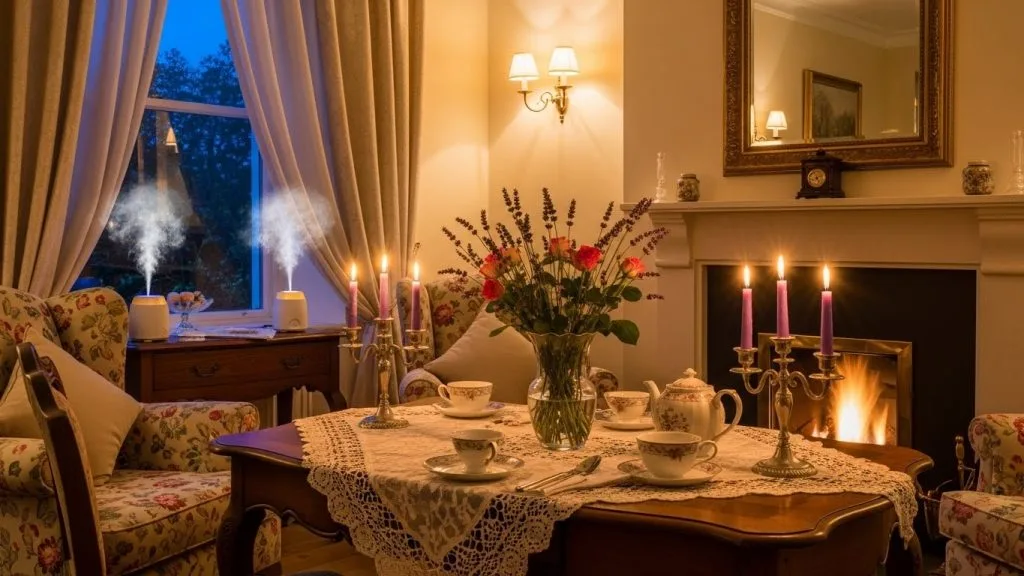 A cozy tea party room illuminated with soft warm lighting, lavender candles glowing gently, subtle floral diffusers releasing a fresh scent, and a calm, peaceful ambiance with elegant pastel decor.