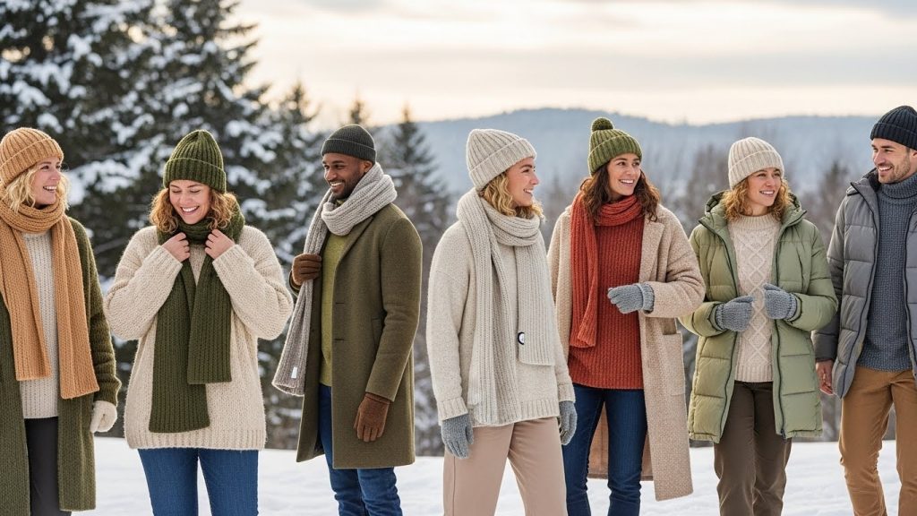 Diverse individuals wearing sustainable winter fashion made from ethical materials in soft natural light.