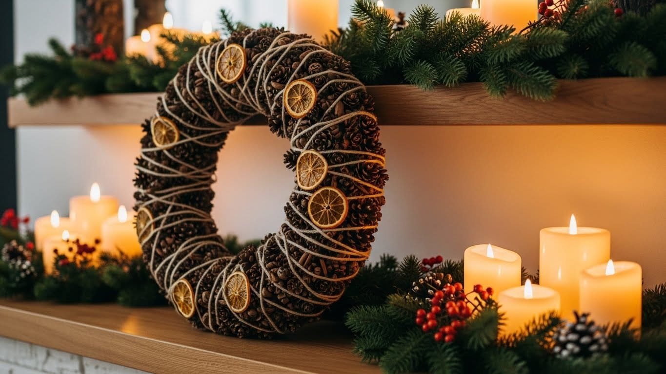 Chic handmade holiday decor showcasing a rustic wreath with pinecones, dried oranges, and twine, complemented by a warm mantel display with candles and greenery in soft glowing light