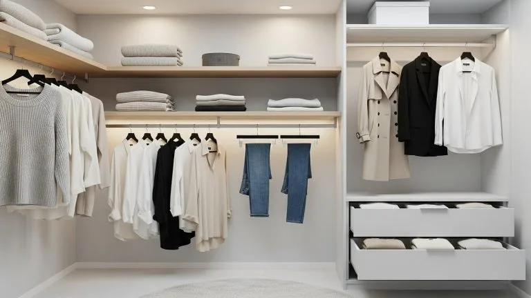 Modern wardrobe essentials displayed in a minimalist closet with neutral clothing, clean lines, and timeless everyday style