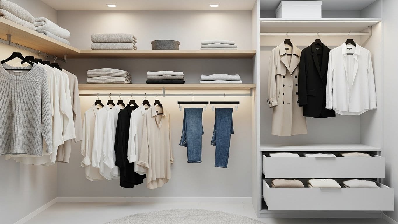 Modern wardrobe essentials displayed in a minimalist closet with neutral clothing, clean lines, and timeless everyday style