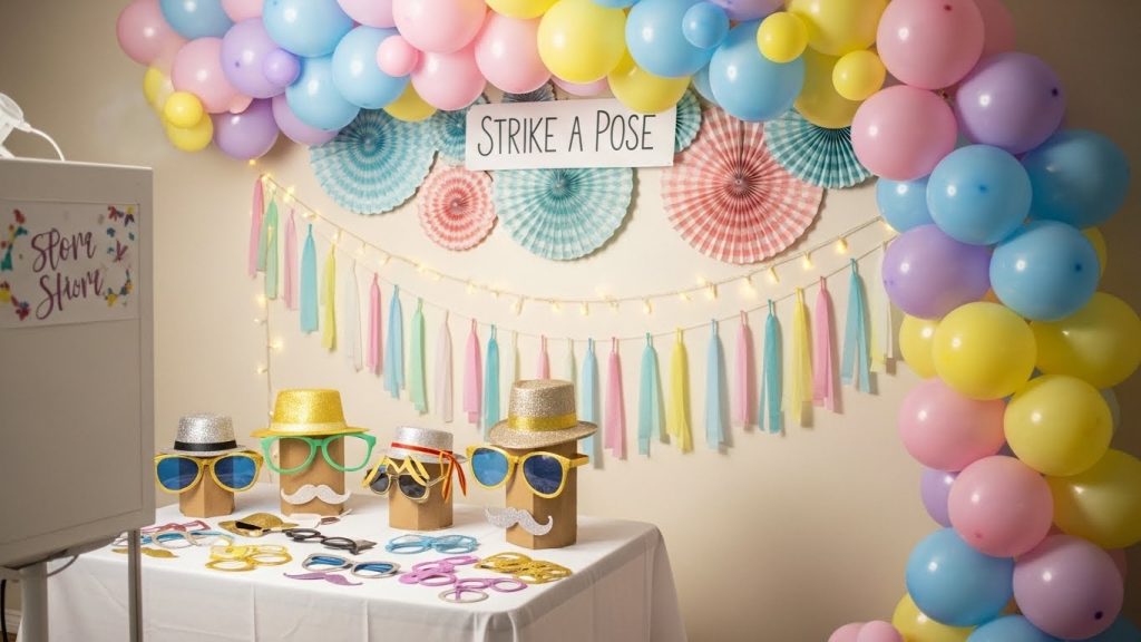 “Pastel-themed DIY photo booth with matching party props.”
